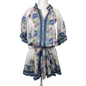 Juliet Dunn Blouson Mini Dress Womens 2 White Floral Ruffle Beachy Resort Boho